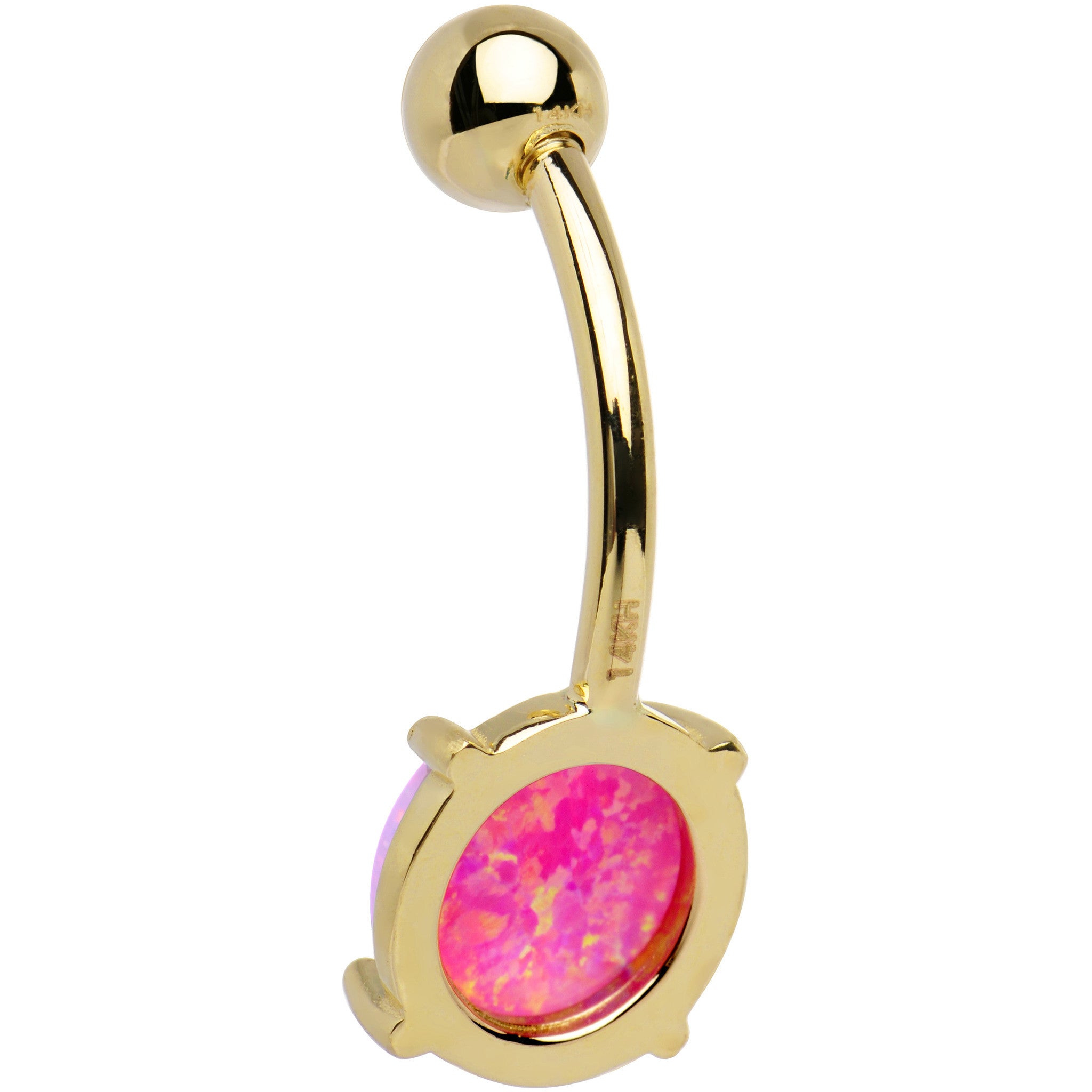 Solid 14k Yellow Gold 8mm Fuchsia Synthetic Opal Belly Ring