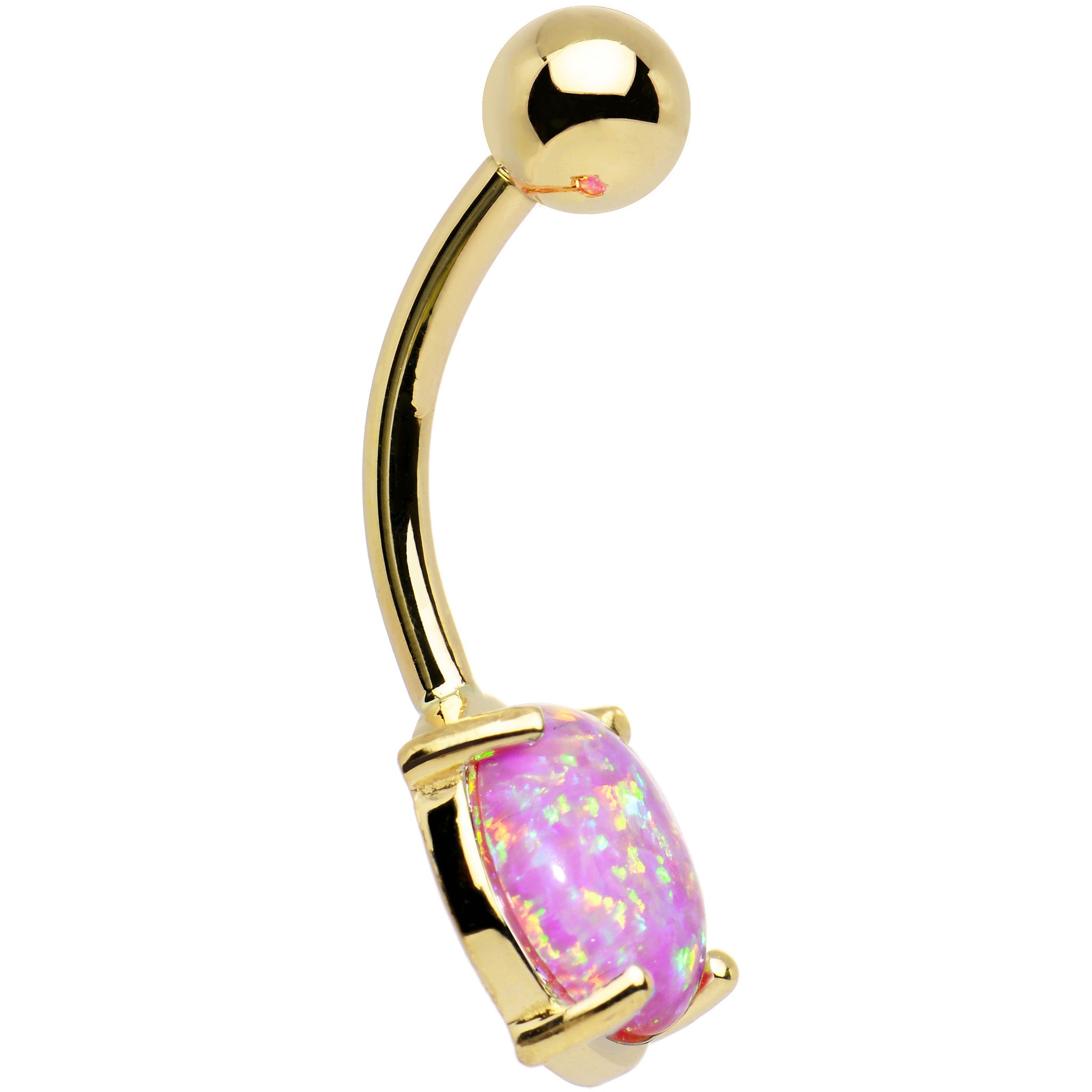 Solid 14k Yellow Gold 8mm Fuchsia Synthetic Opal Belly Ring