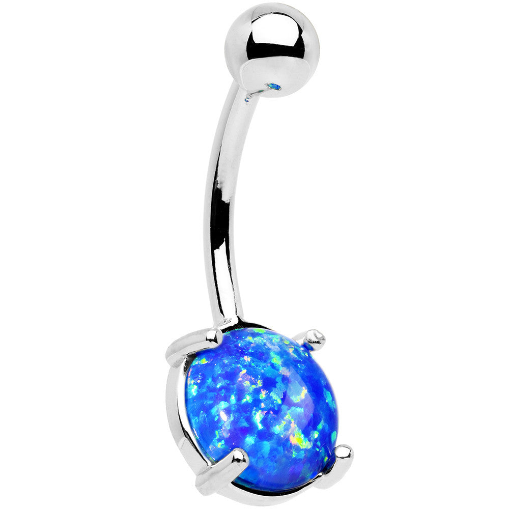 Solid 14k White Gold 8mm Blue Synthetic Opal Belly Ring