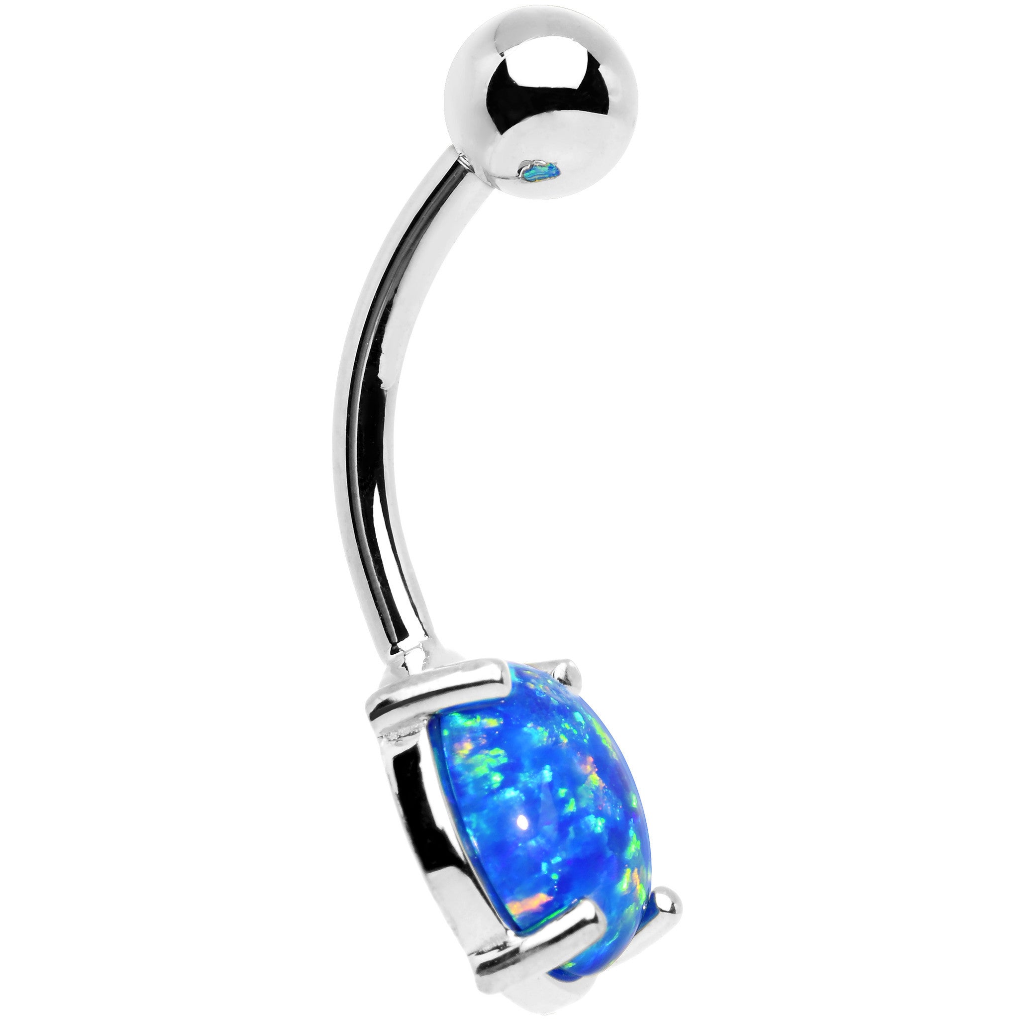 Solid 14k White Gold 8mm Blue Synthetic Opal Belly Ring