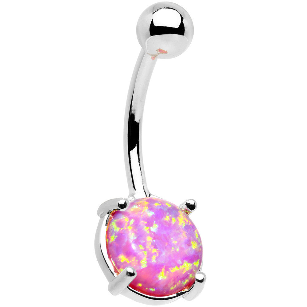 Solid 14k White Gold 8mm Fuchsia Synthetic Opal Belly Ring