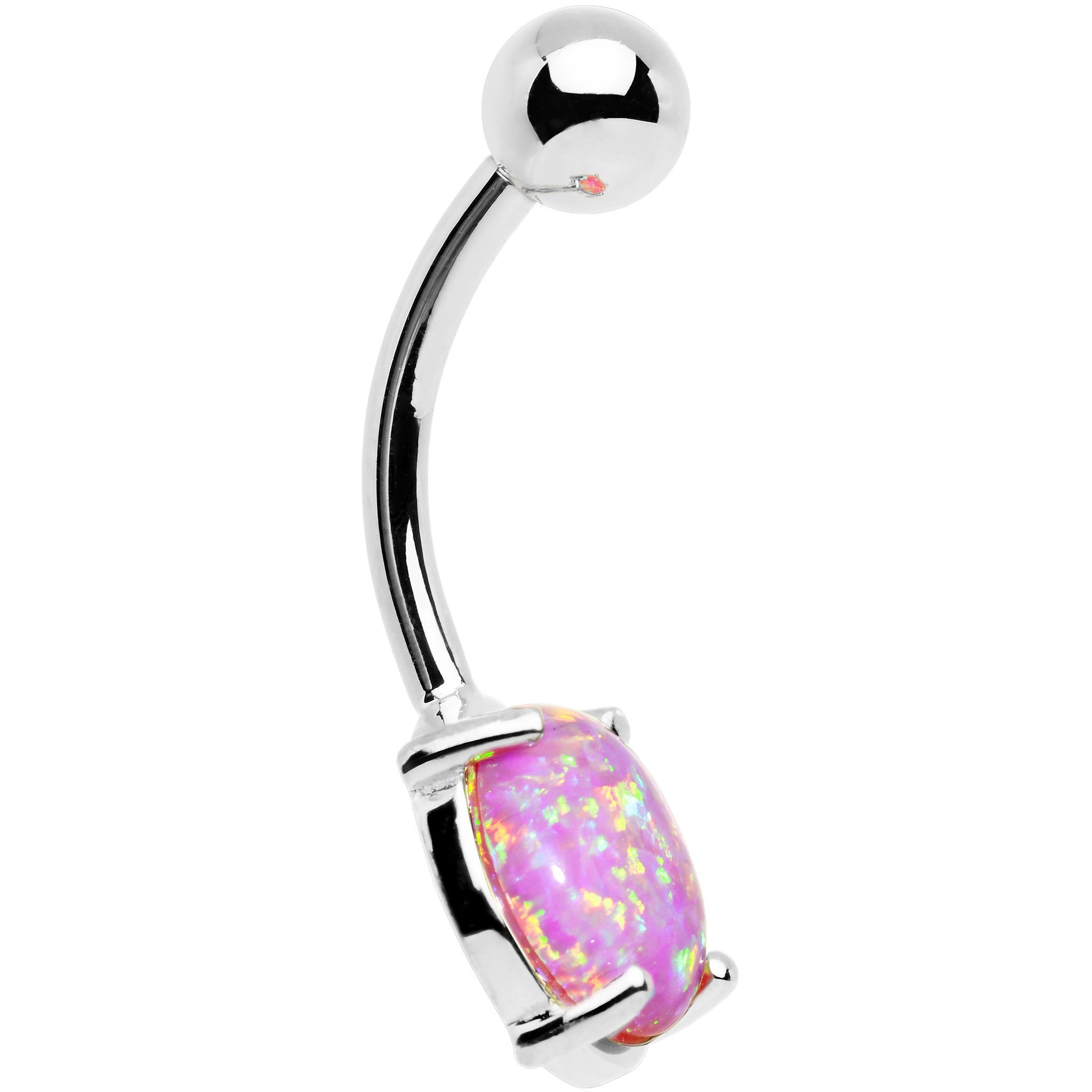 Solid 14k White Gold 8mm Fuchsia Synthetic Opal Belly Ring