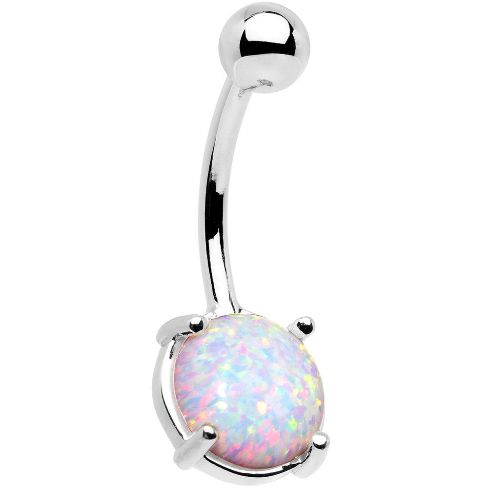 Solid 14k White Gold 8mm Synthetic Opal Belly Ring