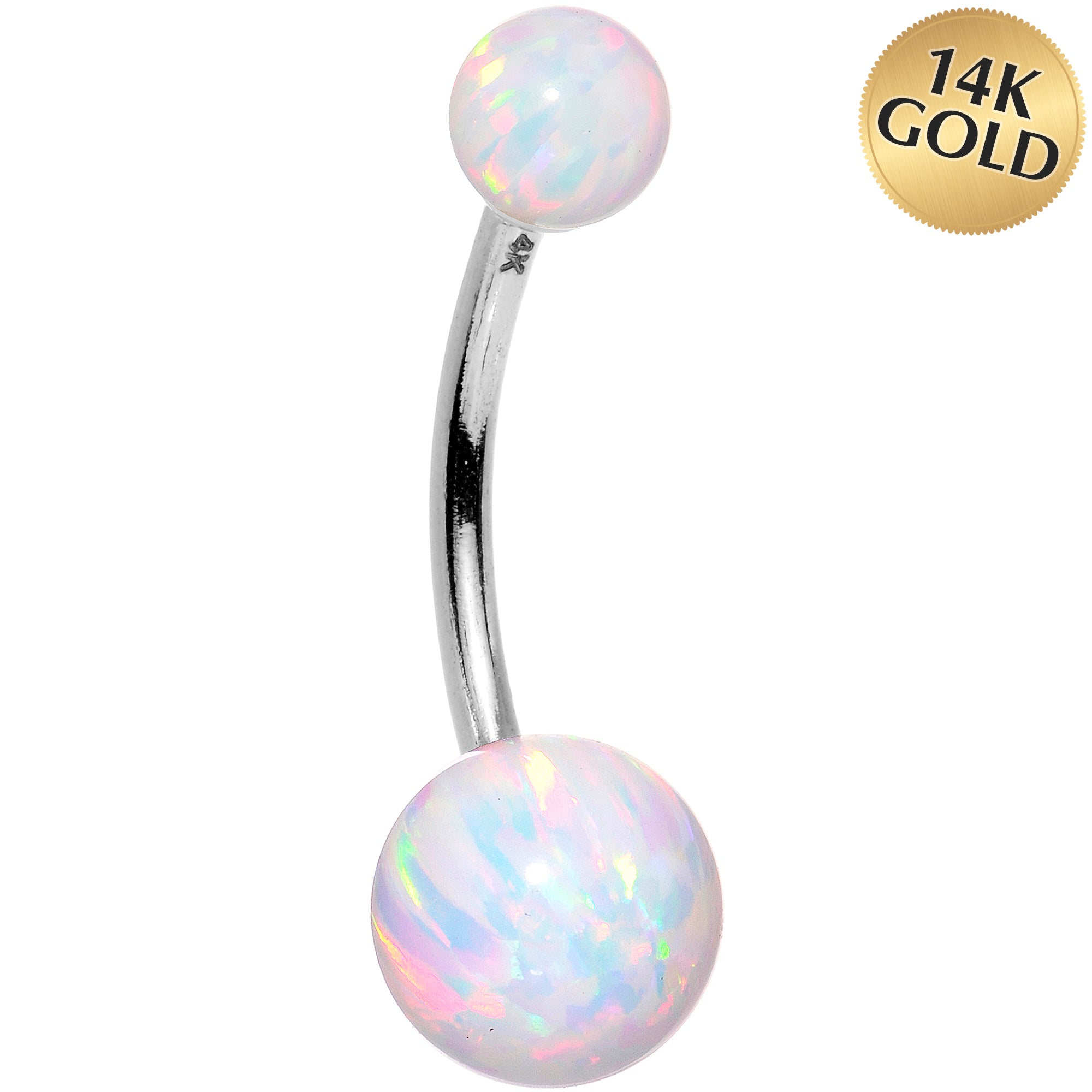 14k White Gold White Synthetic Opal Belly Ring