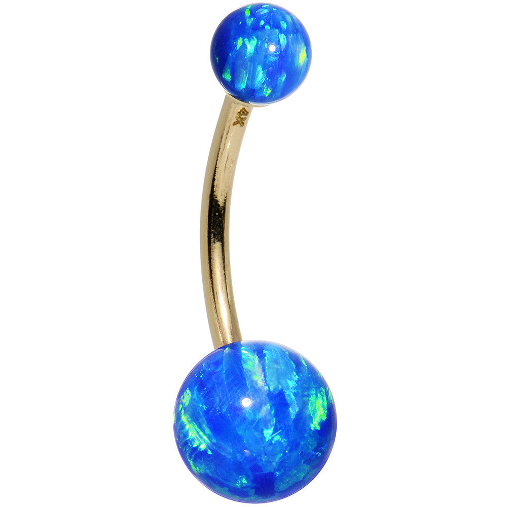 14k Yellow Gold Blue Synthetic Opal Belly Ring