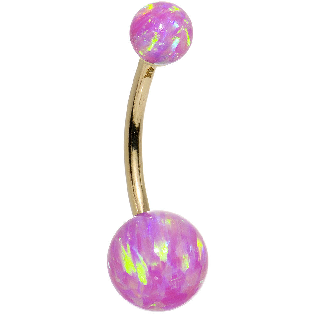 14k Yellow Gold Fuchsia Synthetic Opal Belly Ring