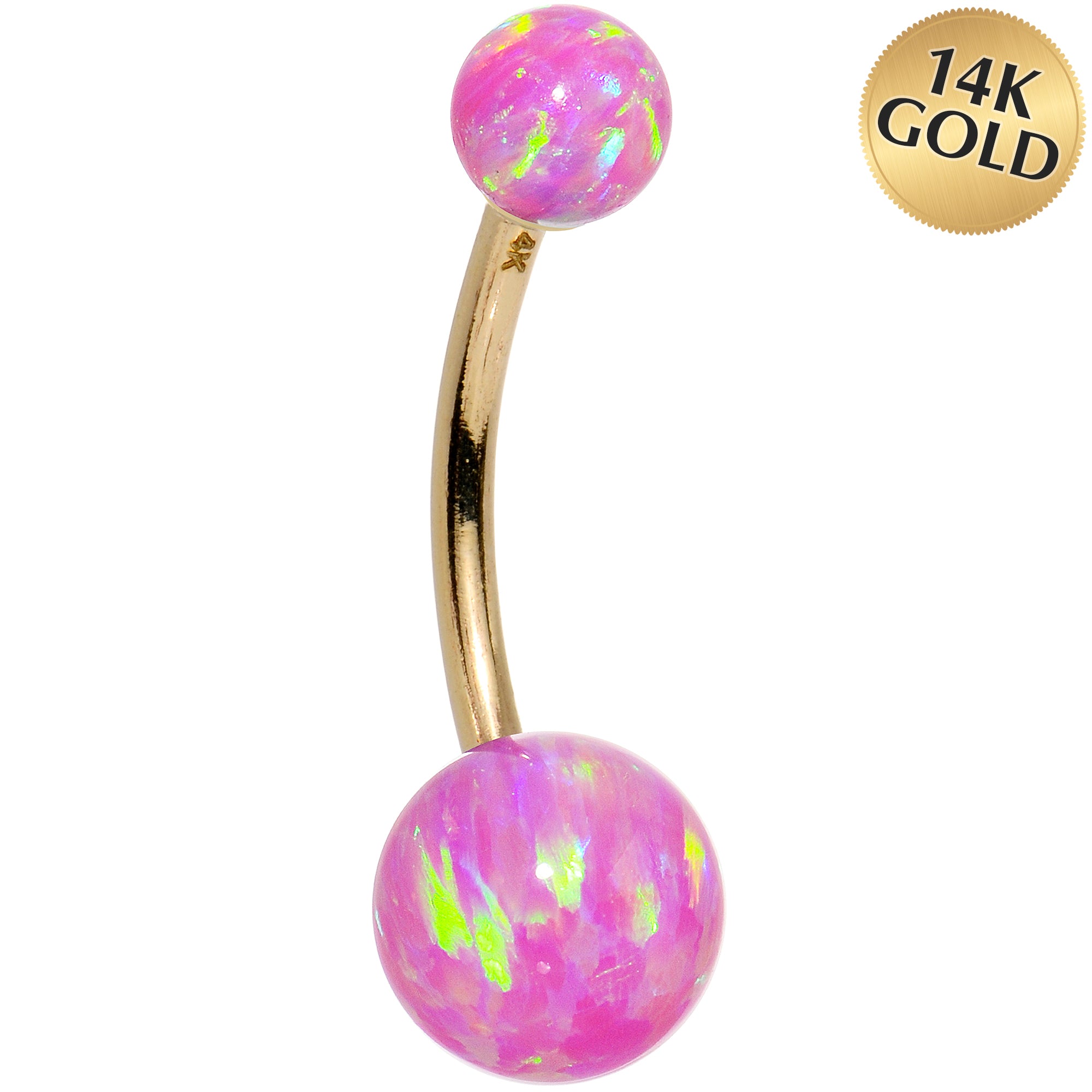 14k Yellow Gold Fuchsia Synthetic Opal Belly Ring