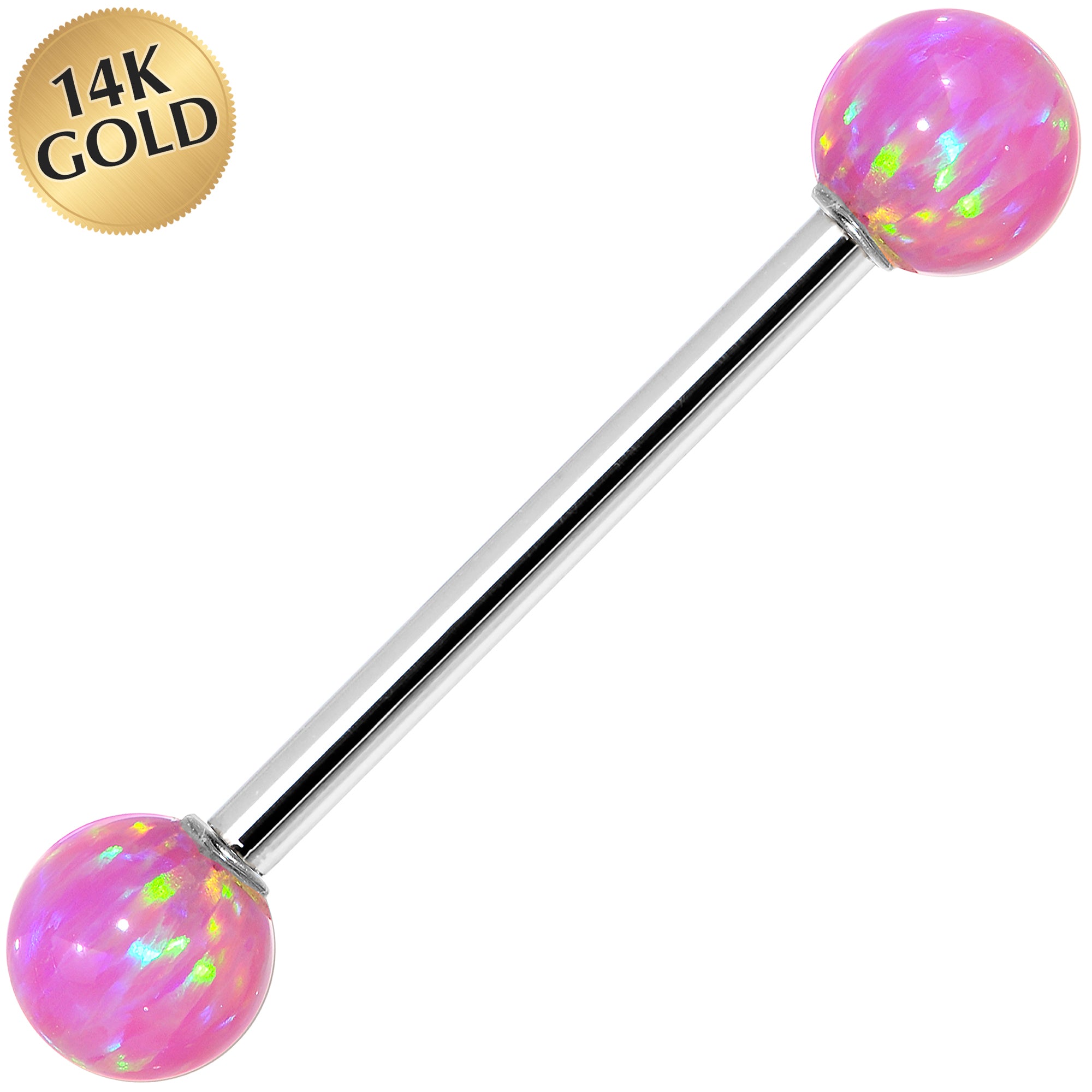14k White Gold 5mm Pink Synthetic Opal Barbell Tongue Ring 14G 5/8