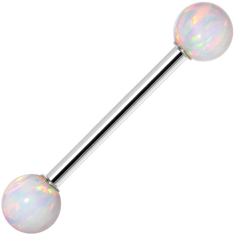 14k White Gold 5mm White Synthetic Opal Barbell Tongue Ring 14G 5/8