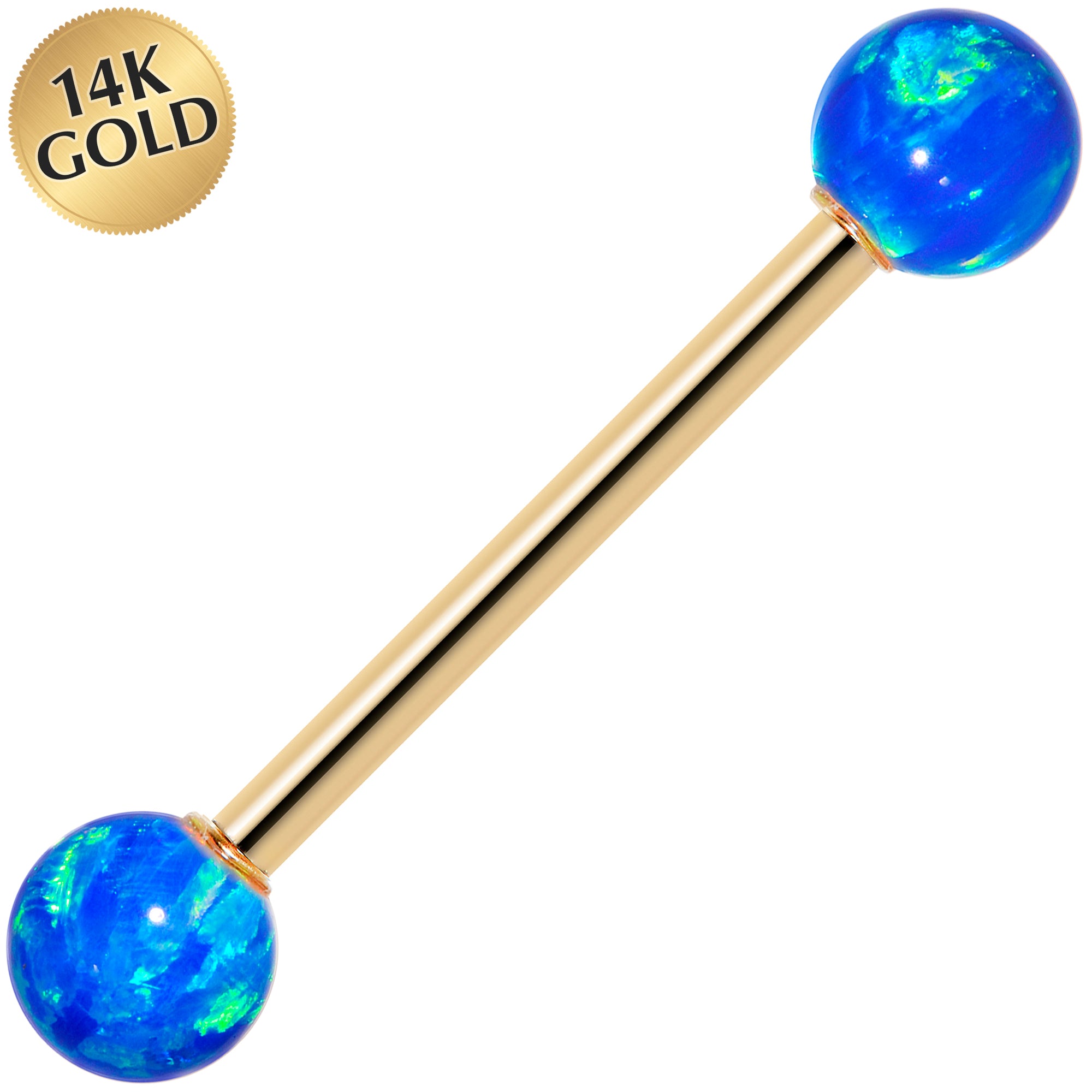 14k Yellow Gold 5mm Blue Synthetic Opal Barbell Tongue Ring 14G 5/8