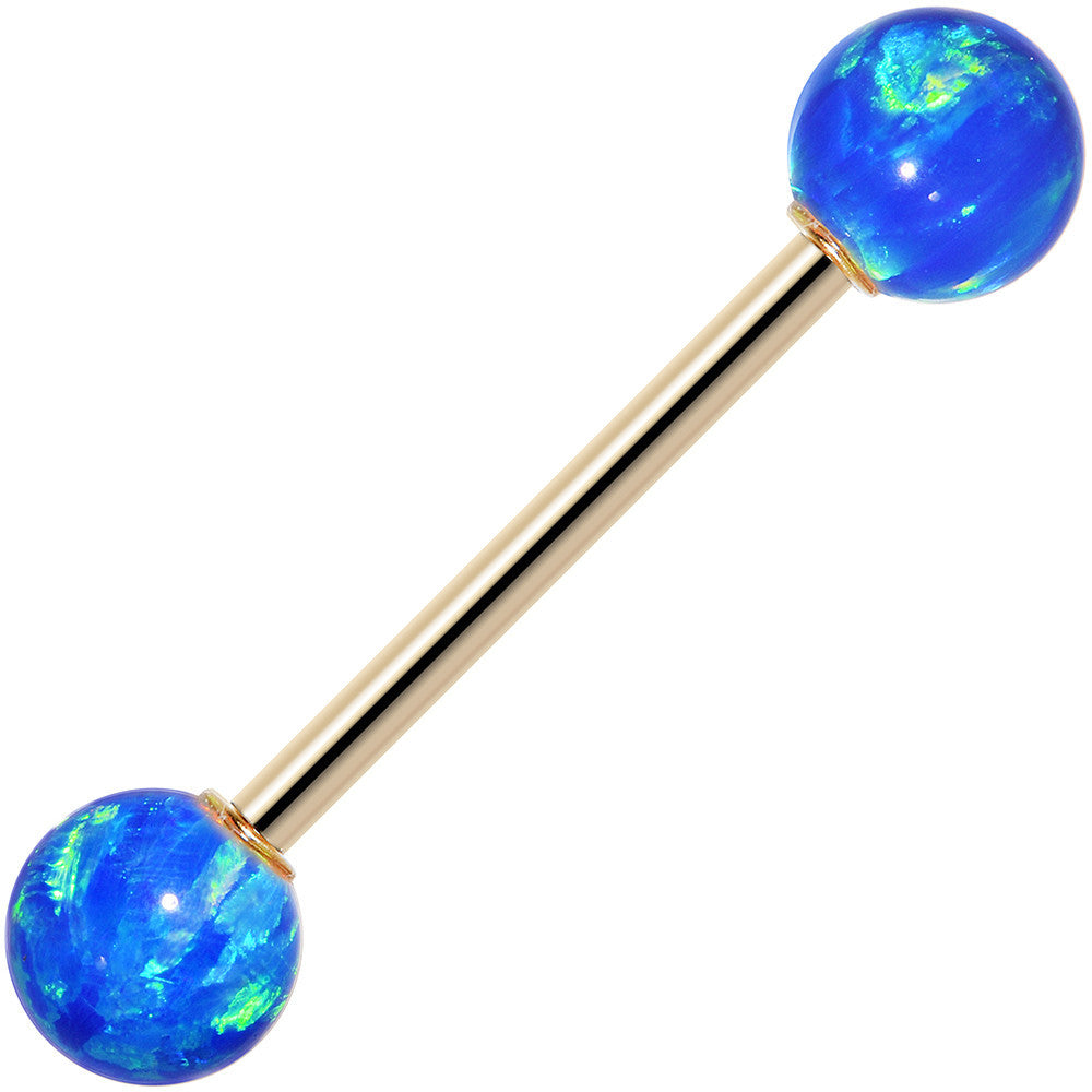 14k Yellow Gold 6mm Blue Synthetic Opal Barbell Tongue Ring 14G 5/8