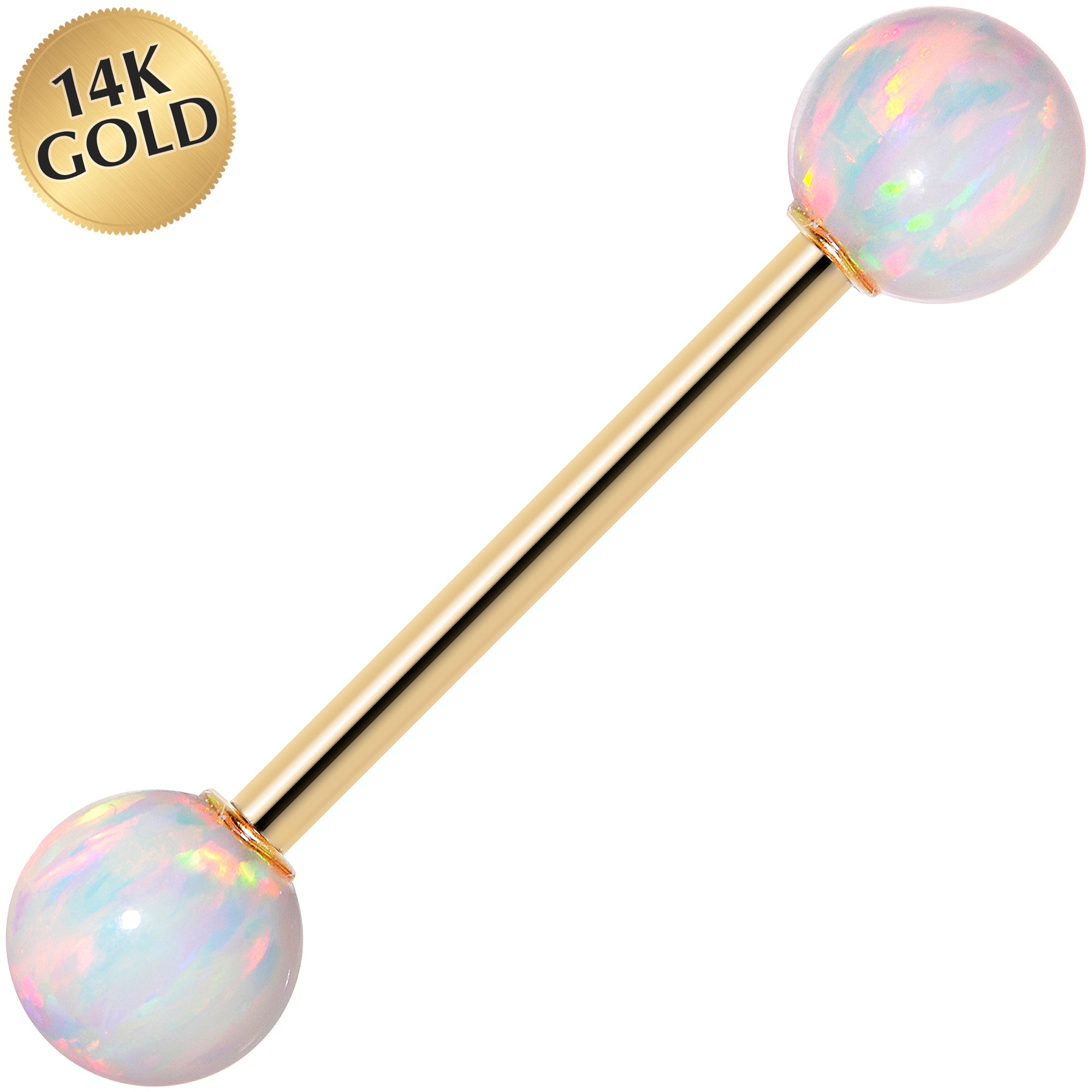 14k Yellow Gold 6mm White Synthetic Opal Barbell Tongue Ring 14G 5/8