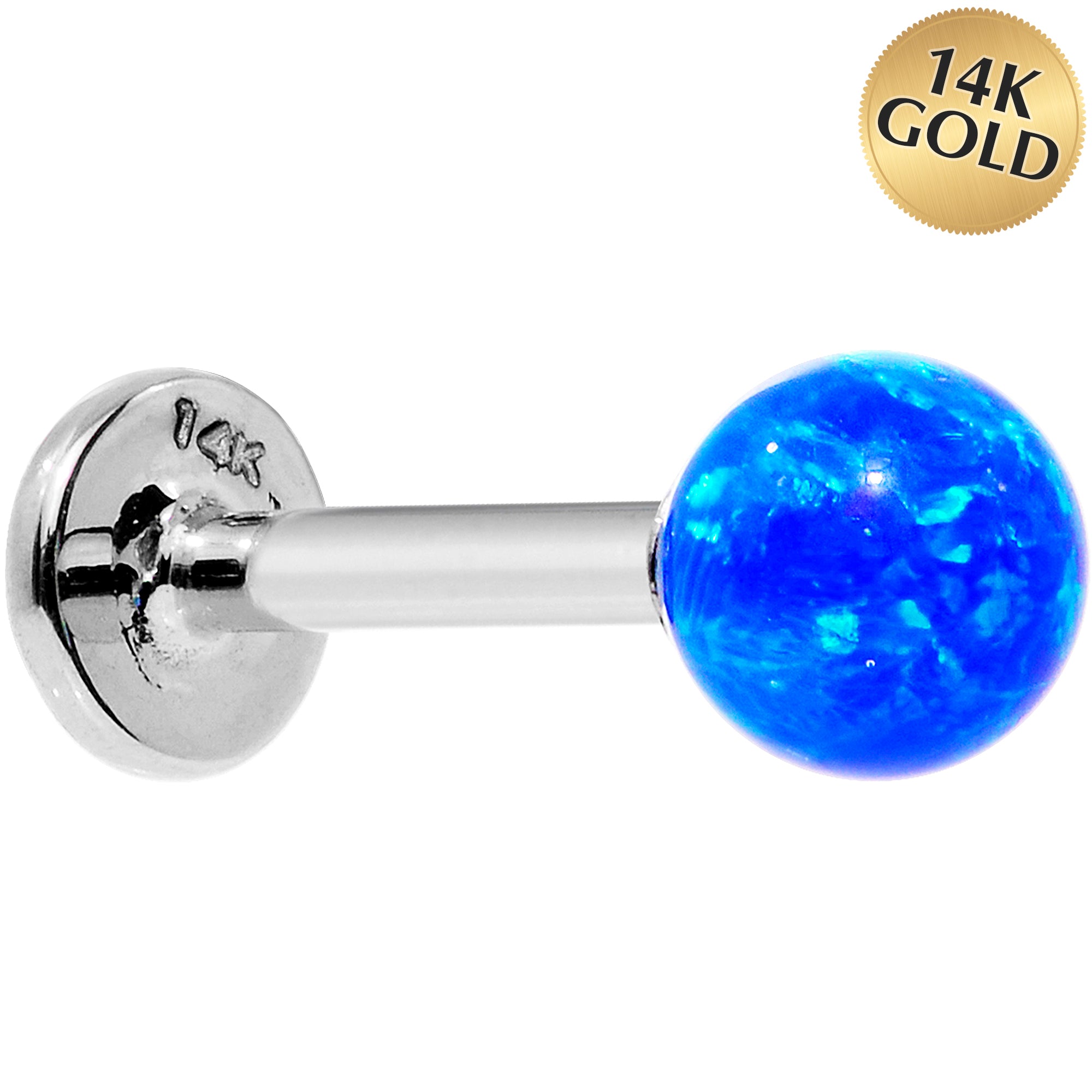 14k White Gold 5mm Blue Synthetic Opal Labret Monroe 14G 5/16