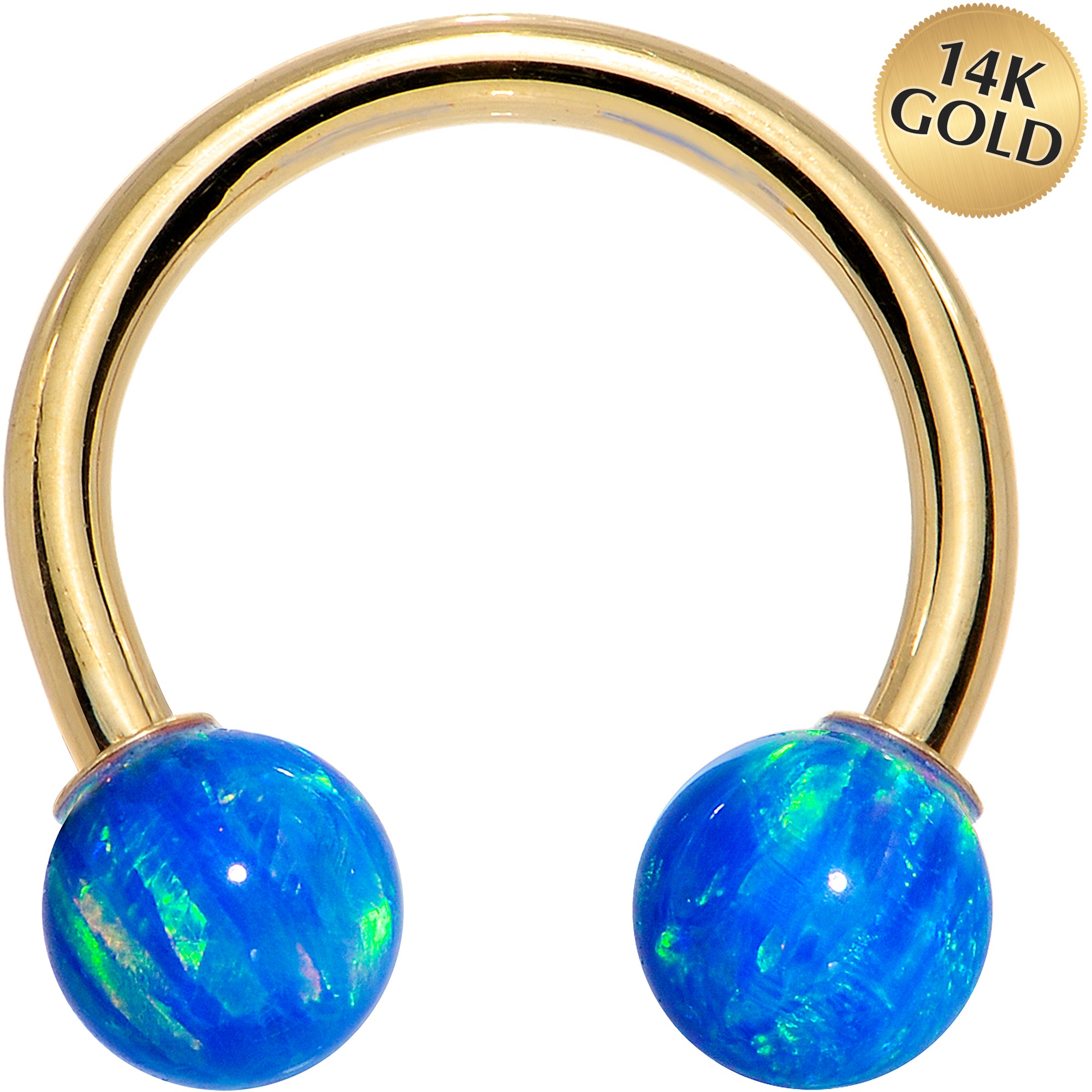 14G Solid 14K Yellow Gold Blue Synthetic Opal Horseshoe Barbell