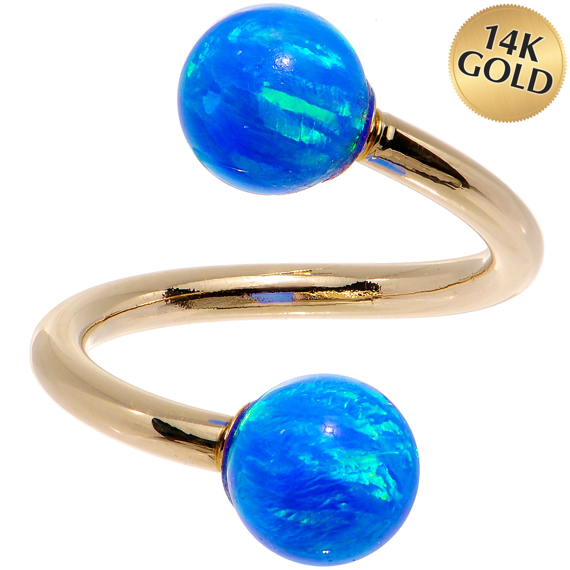 14k Yellow Gold Blue Synthetic Opal Spiral Twister 14G 7/16