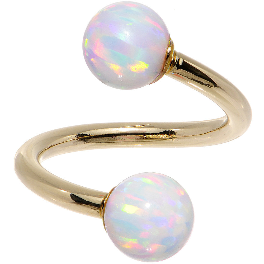 14k Yellow Gold White Synthetic Opal Spiral Twister 14G 7/16