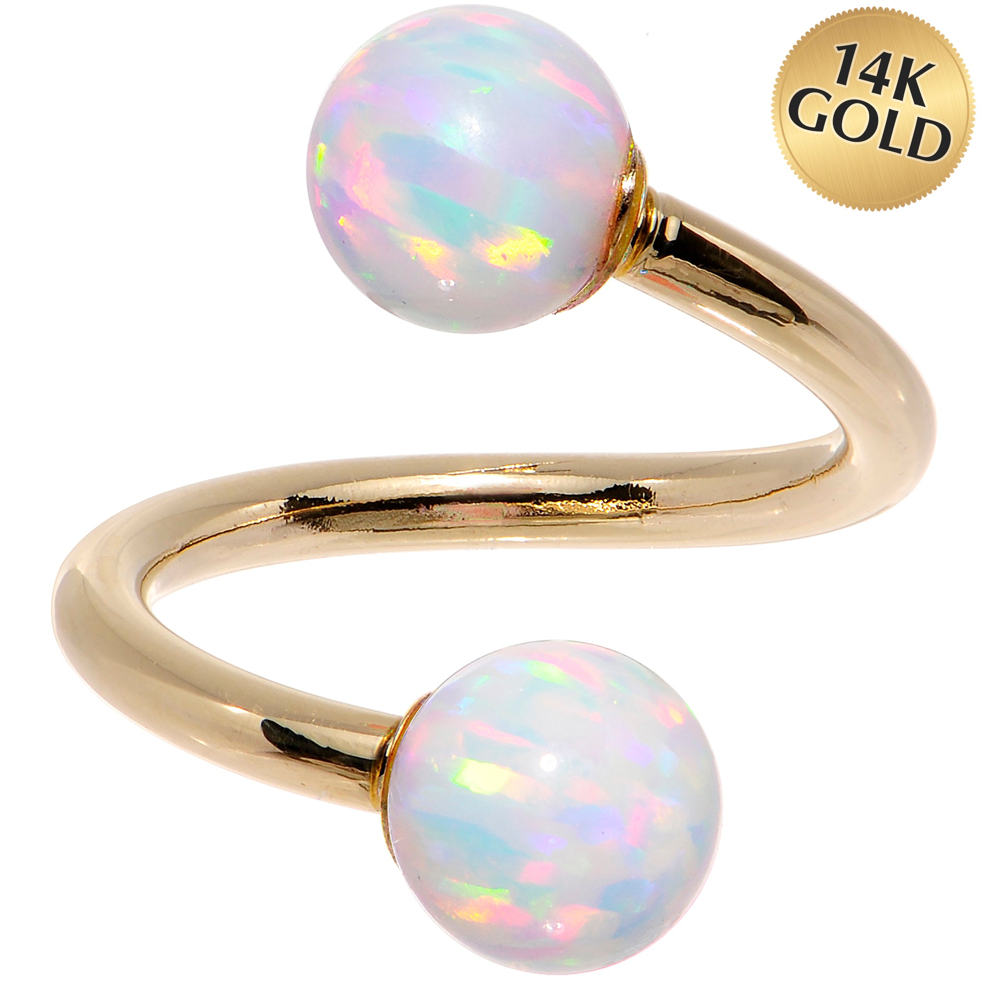 14k Yellow Gold White Synthetic Opal Spiral Twister 14G 7/16