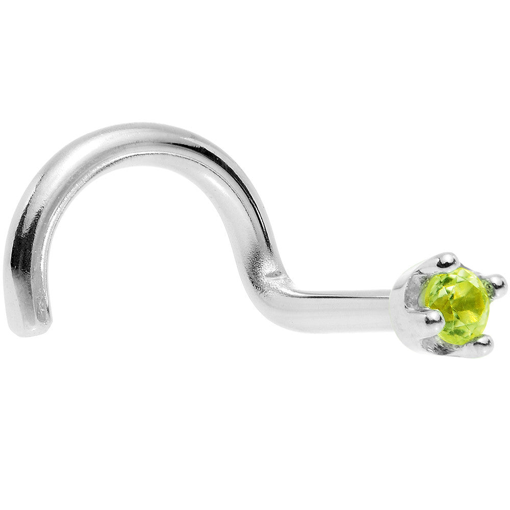 Solid 14KT White Gold August 1.5mm Peridot L Shape Nose Ring 18 Gauge