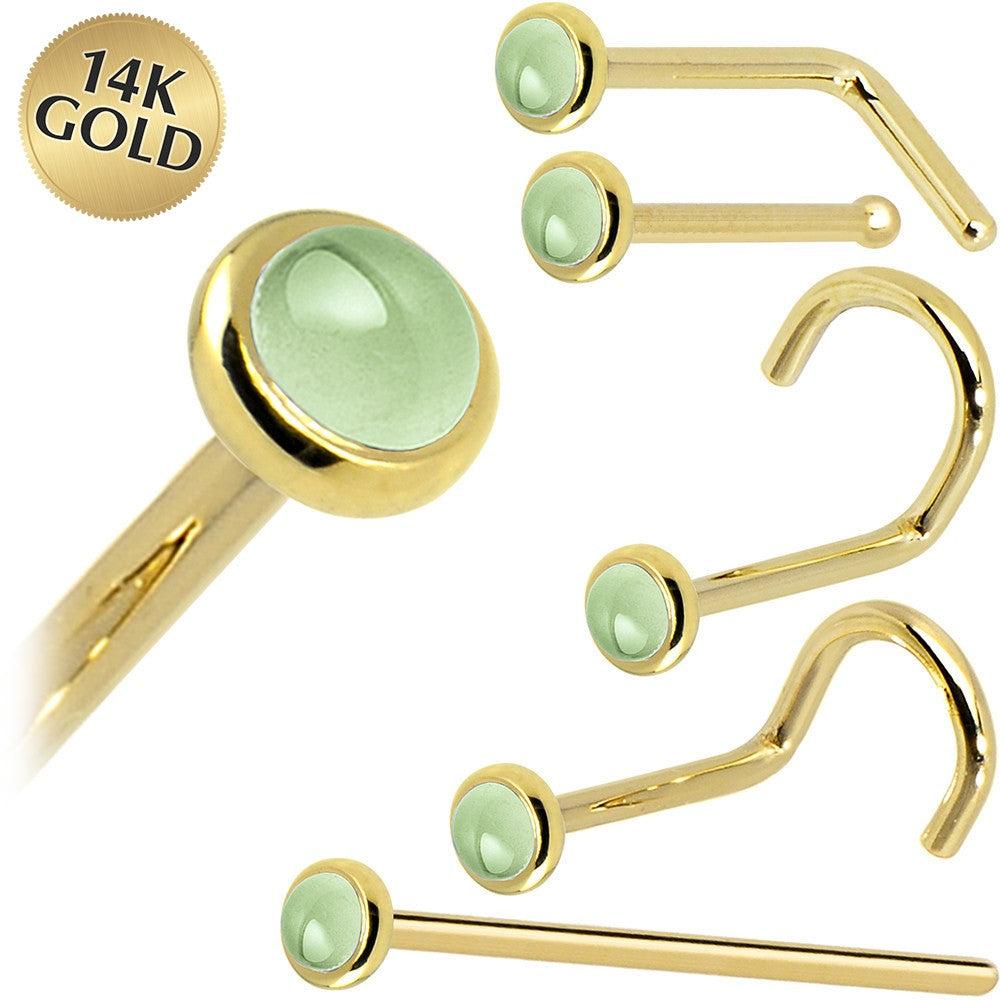 Solid 14KT Yellow Gold 2mm Genuine Peridot Nose Ring August Birthstone