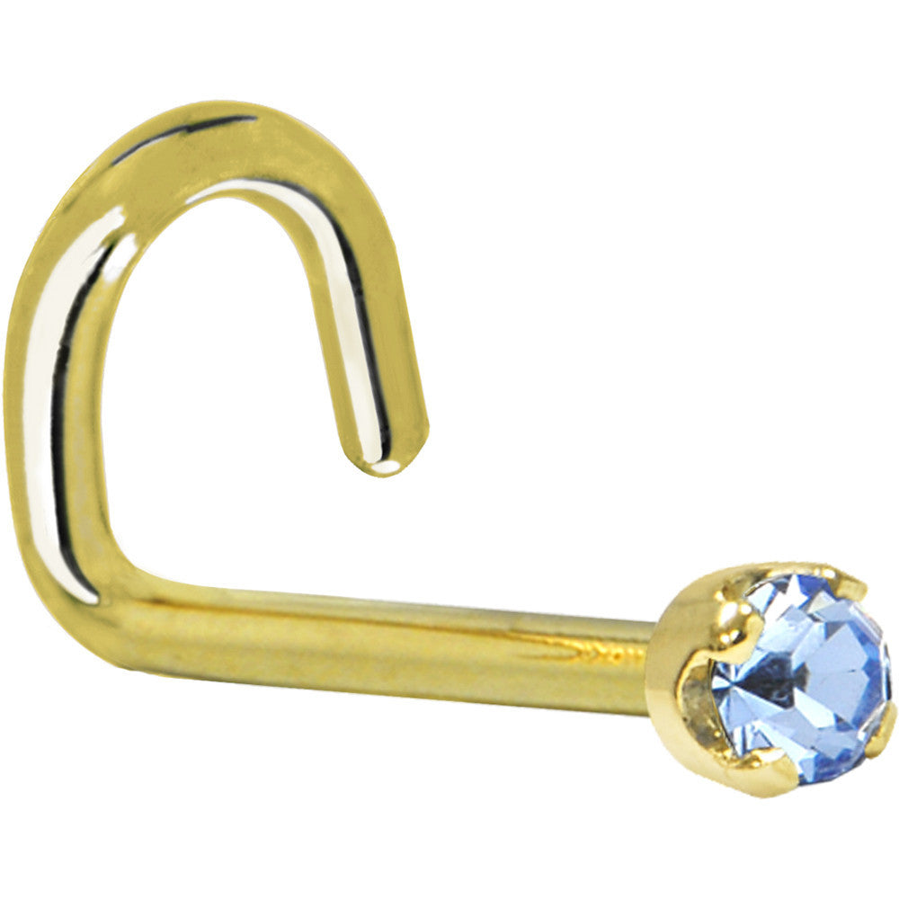20 Gauge L-Shape Nose Ring Light Blue Cubic Zirconia in 14KT Yellow Gold