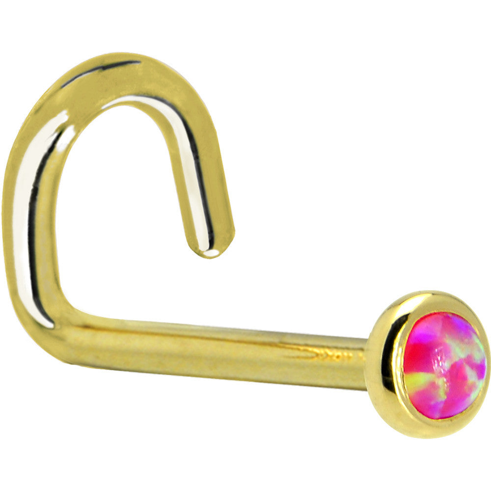 Solid 14KT Yellow Gold 2mm Pink Synthetic Opal Nose Ring 18 Gauge L-Shape