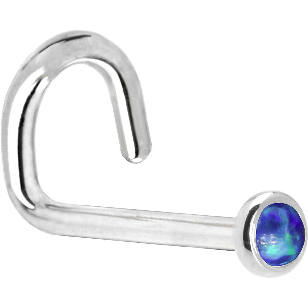 14KT White Gold 2mm Dark Blue Synthetic Opal L-Shape Nose Ring