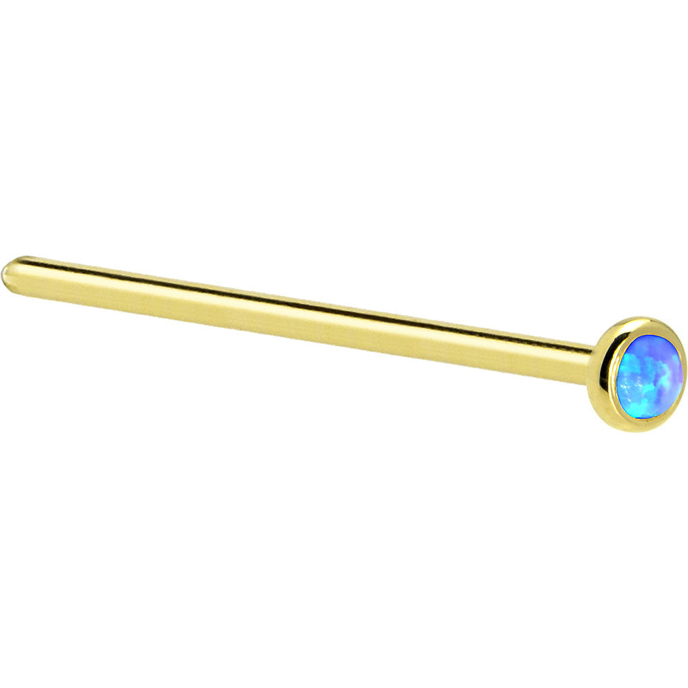 Blue Synthetic Opal Nose Ring in Solid 14KT Yellow Gold 18 Gauge