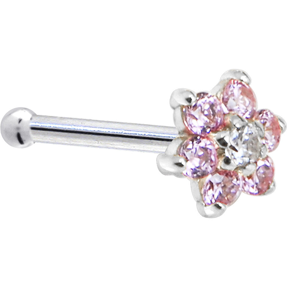 14KT White Gold Pink Clear Cubic Zirconia Flower Nose Screw Ring