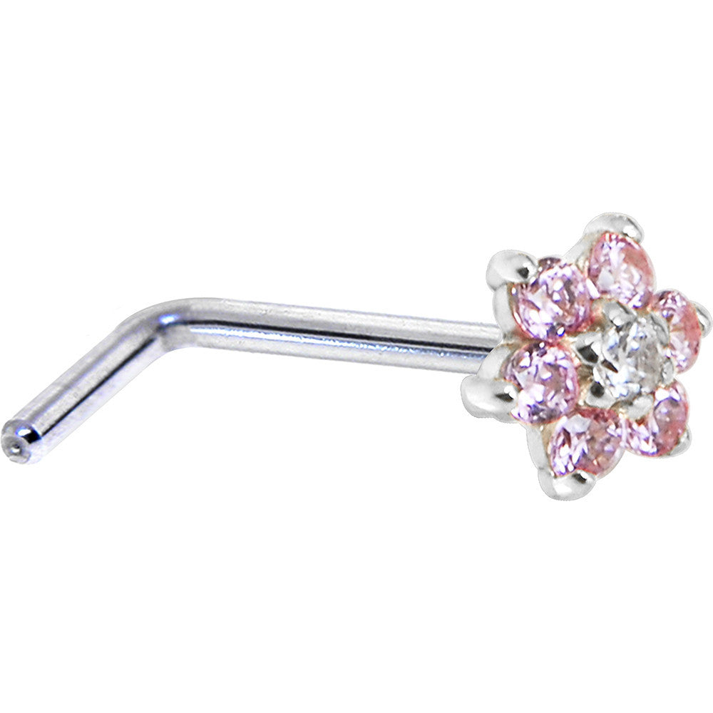 14KT White Gold Pink Clear Cubic Zirconia Flower L-Shape Nose Ring