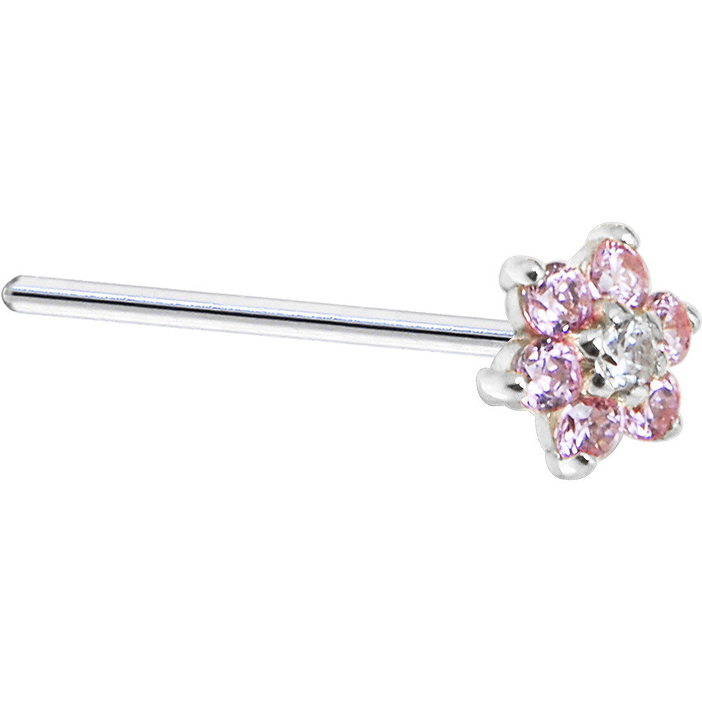 Solid 14KT White Gold Pink Clear Cubic Zirconia Flower Nose Ring for Piercings