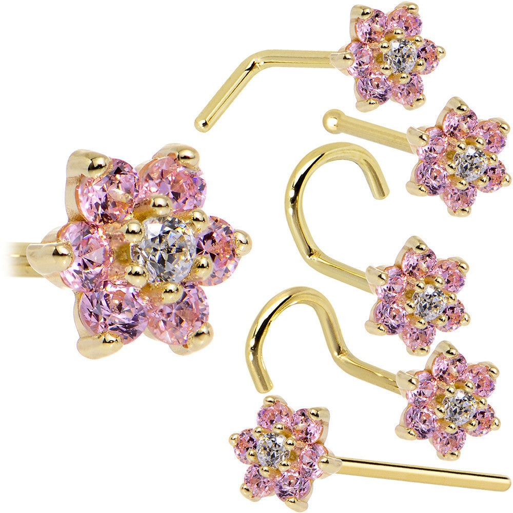 Solid 14KT Yellow Gold Pink Clear Cubic Zirconia Flower Nose Ring Available in Multiple Styles