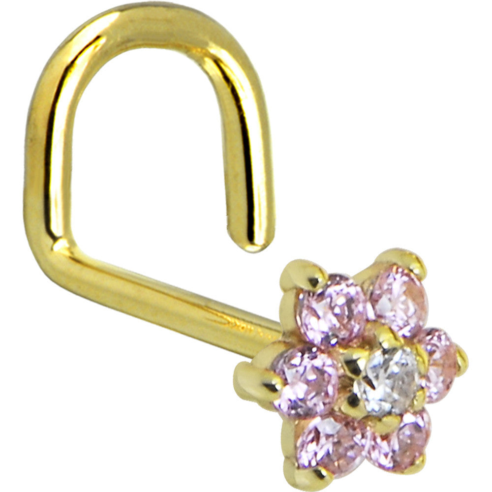 Solid 14KT Yellow Gold Flower Nose Ring with Pink and Clear Cubic Zirconia