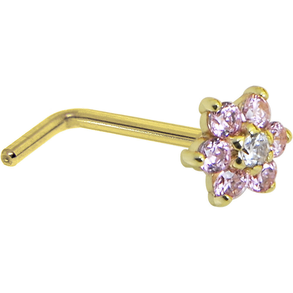 14KT Yellow Gold Pink Clear Cubic Zirconia Flower Nose Ring Nose Screw Style