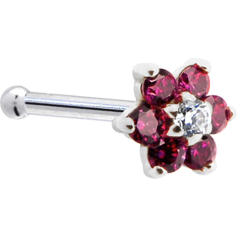 Solid 14KT White Gold Red and Clear Cubic Zirconia Flower Nose Ring 20 Gauge Nose Screw