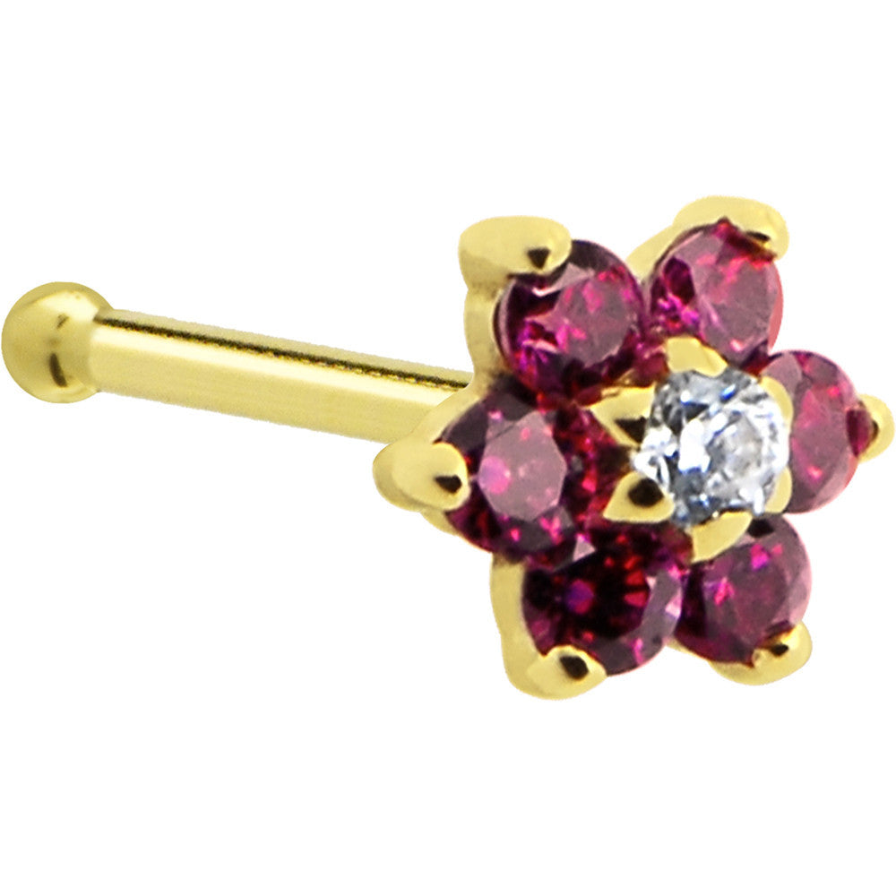 Solid Yellow Gold Red Clear Cubic Zirconia Flower Nose Ring Nose Screw