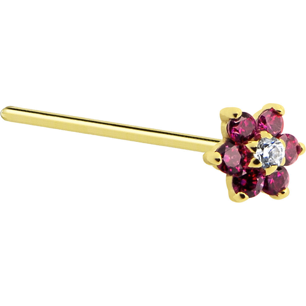 Solid Yellow Gold Flower Nose Ring Red Clear CZ Nose Ring 18 Gauge