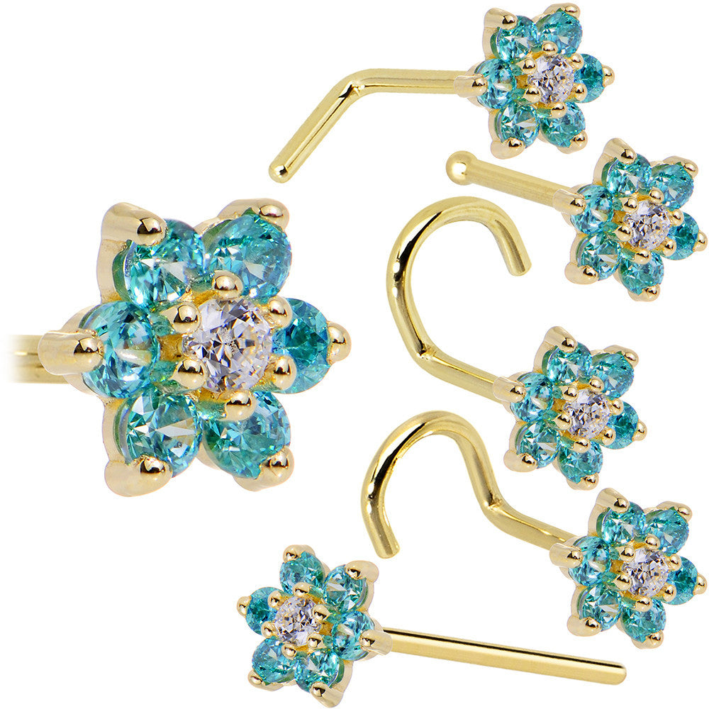 Mint Green and Clear Cubic Zirconia Flower Nose Ring 14KT Yellow Gold 20 Gauge L-Shape
