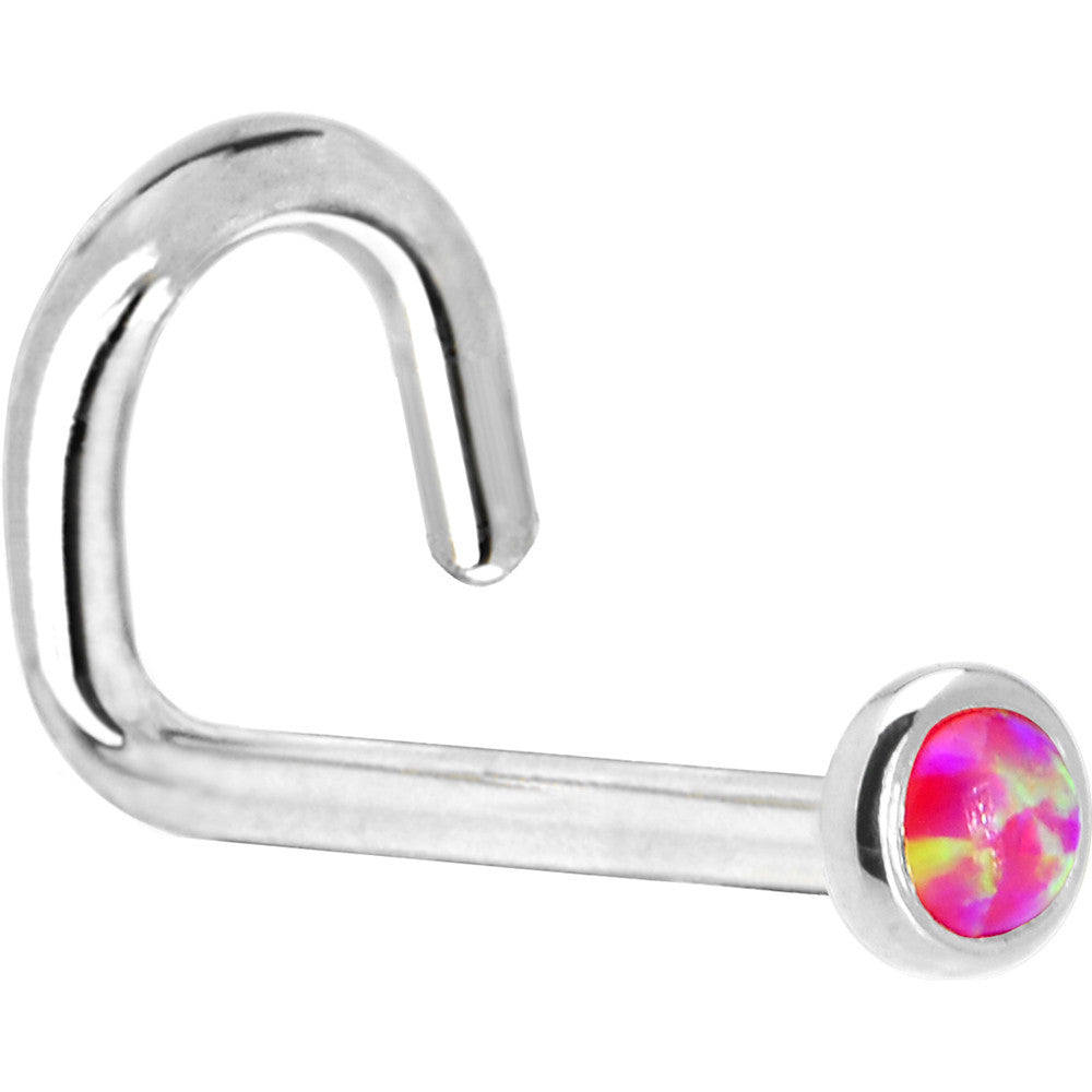 Solid 14KT White Gold 2mm Brilliant Pink Synthetic Opal L Shape Nose Ring 20 Gauge