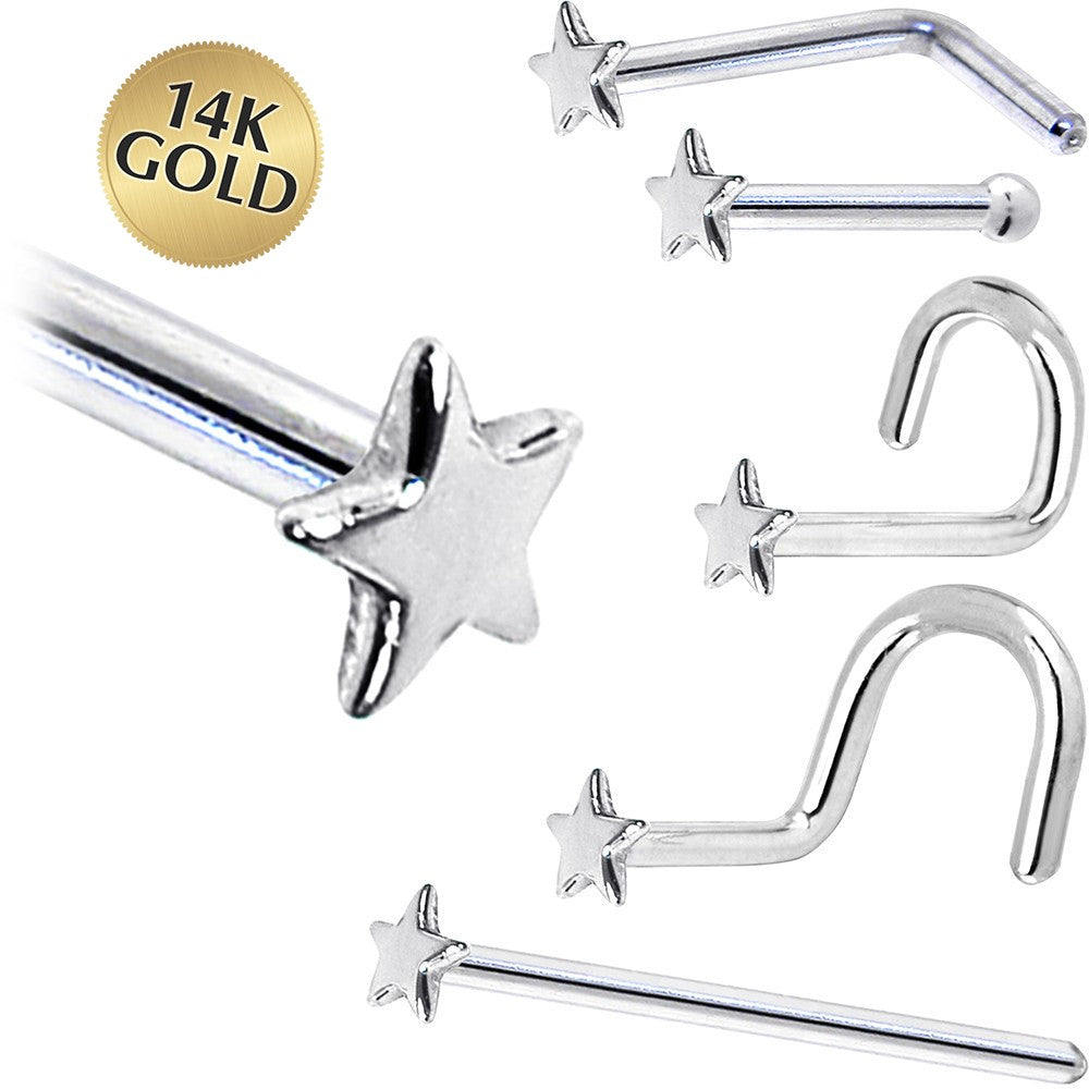 Solid 14KT White Gold Star Nose Ring 18 gauge