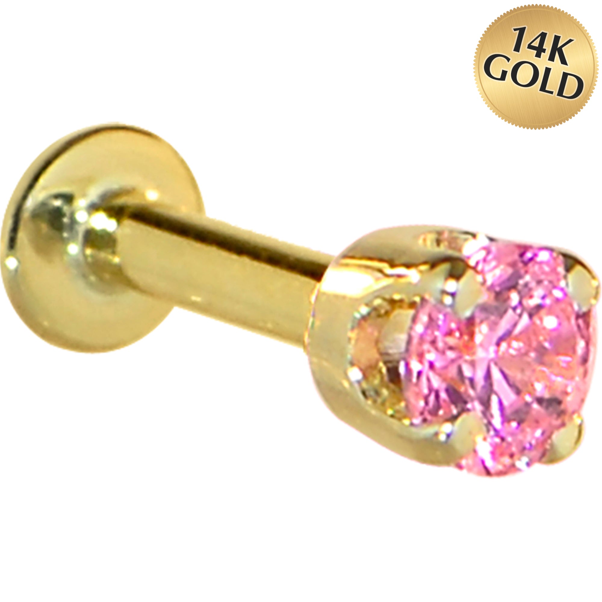 16G Solid 14K Yellow Gold 3mm Pink Cubic Zirconia Tragus Earring Stud