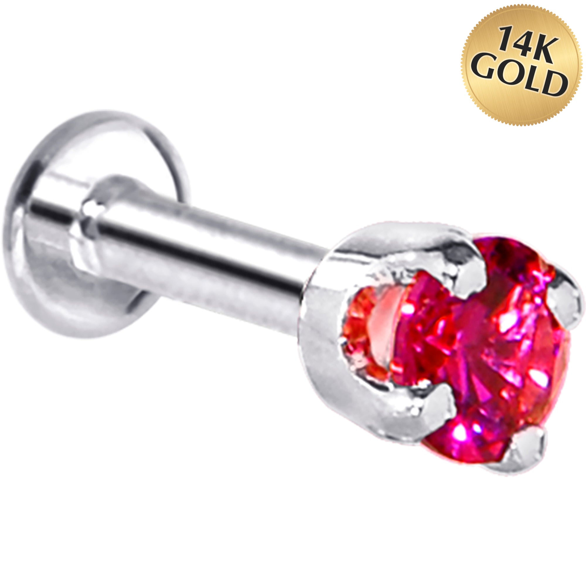 16G Solid 14K White Gold 3mm Red Cubic Zirconia Tragus Earring Stud