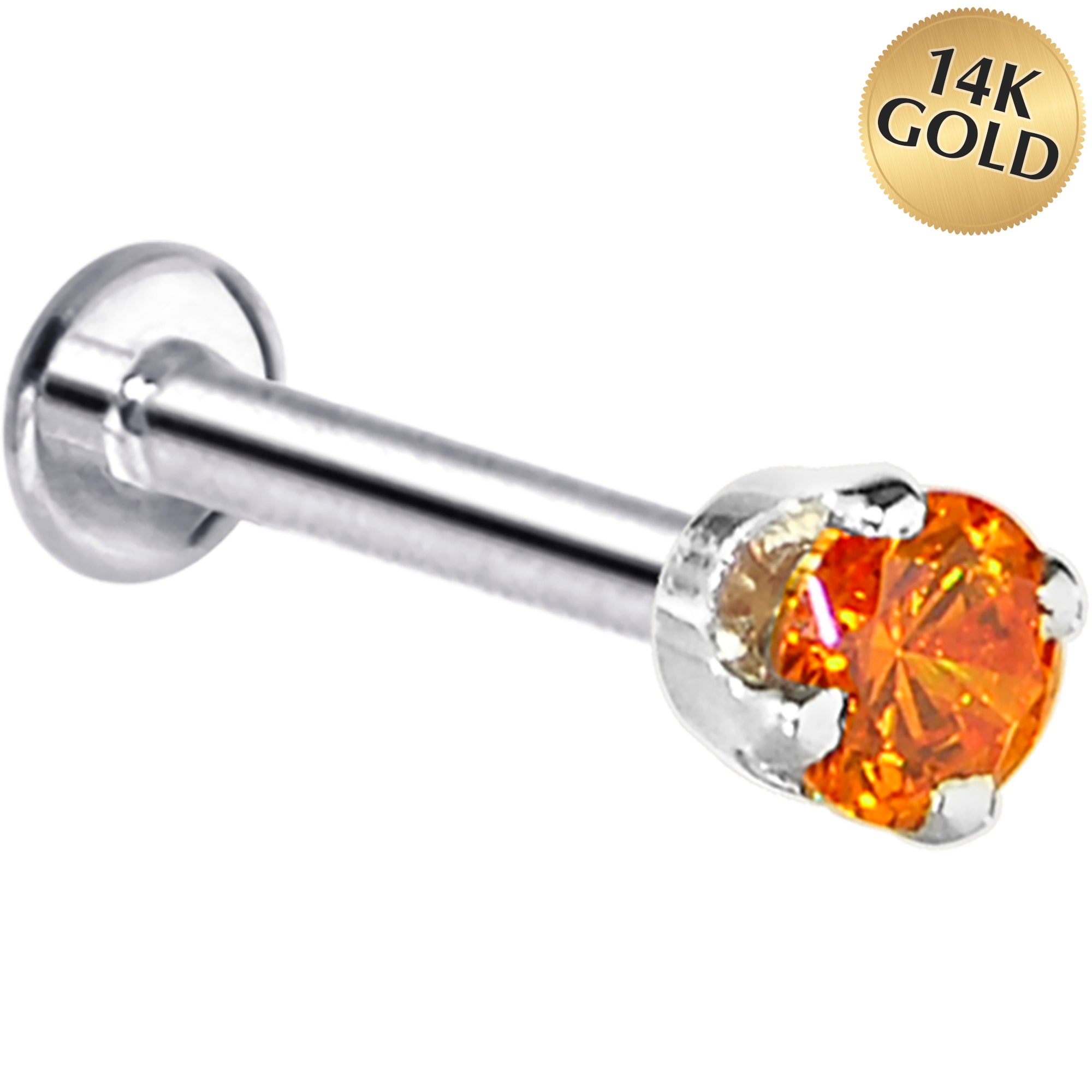 16G Solid 14K White Gold 3mm Orange Cubic Zirconia Tragus Earring Stud