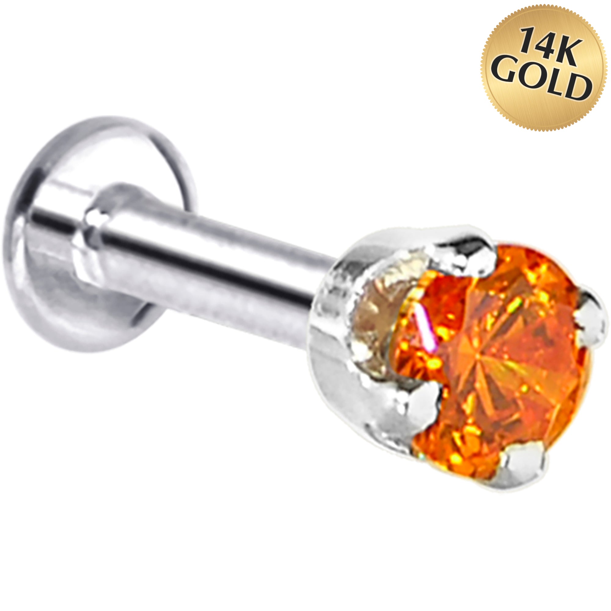 16G Solid 14K White Gold 3mm Orange Cubic Zirconia Tragus Earring Stud