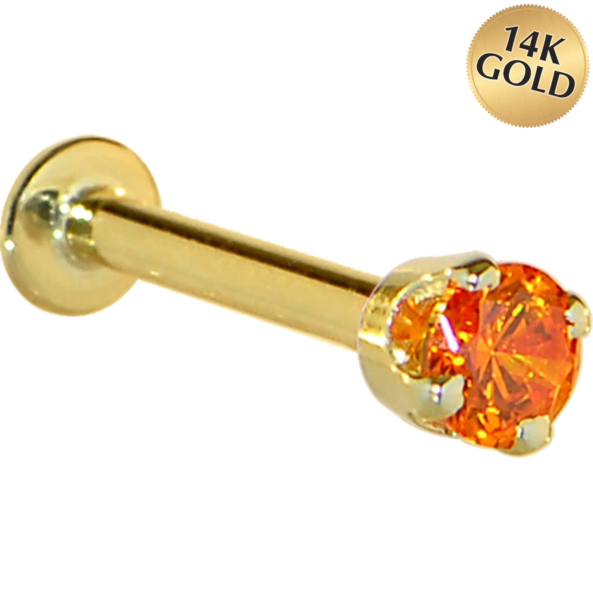 16G Solid 14K Yellow Gold 3mm Orange Cubic Zirconia Tragus Earring Stud