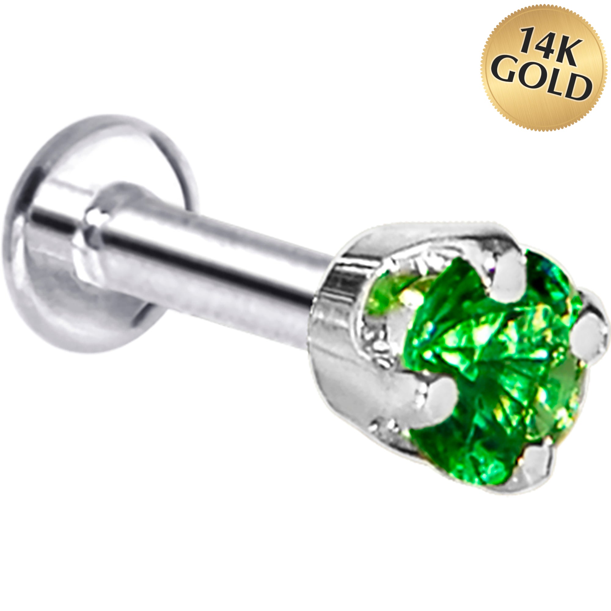 16G Solid 14K White Gold 3mm Green Cubic Zirconia Tragus Earring Stud