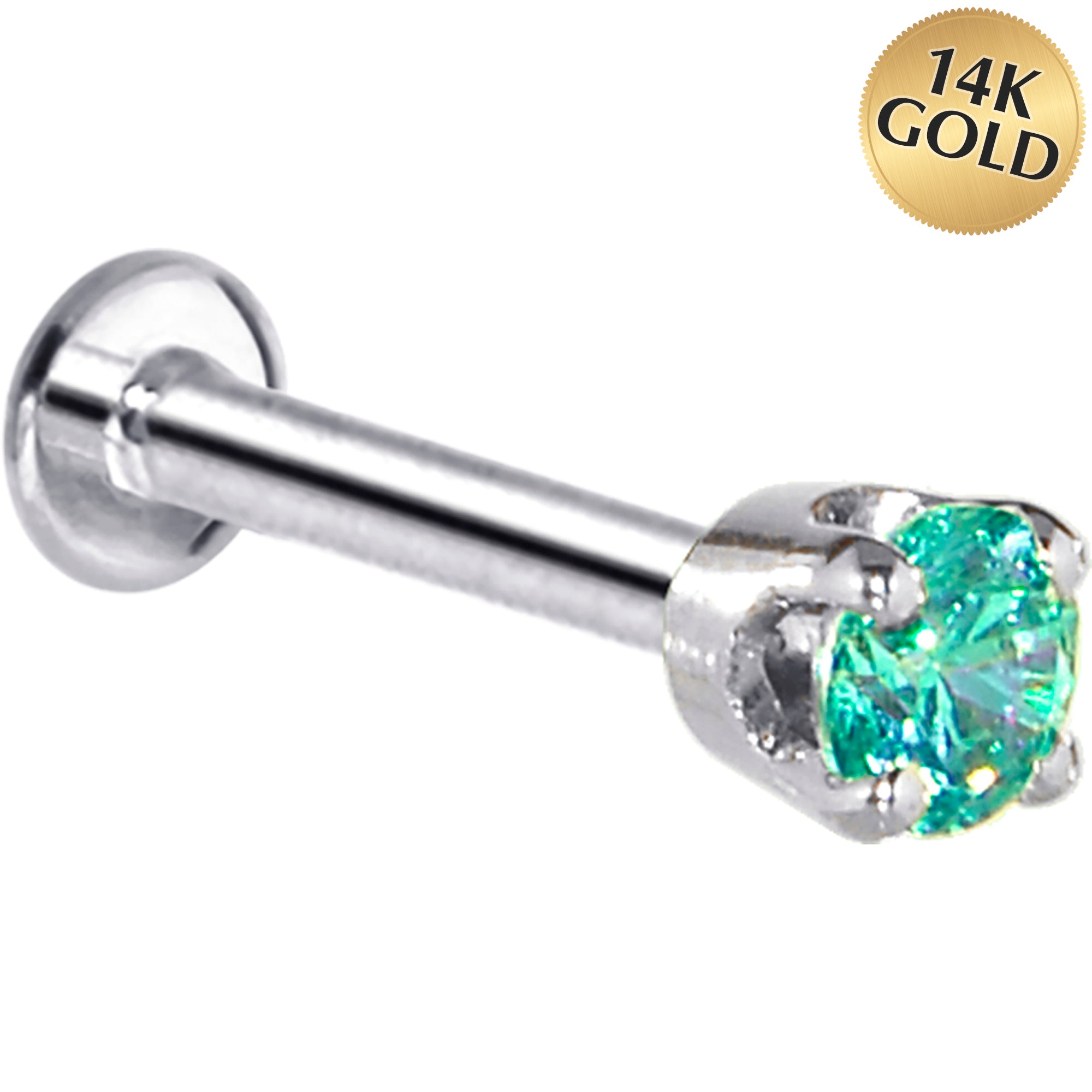 16G Solid 14K White Gold 3mm Mint Green Cubic Zirconia Tragus Earring Stud
