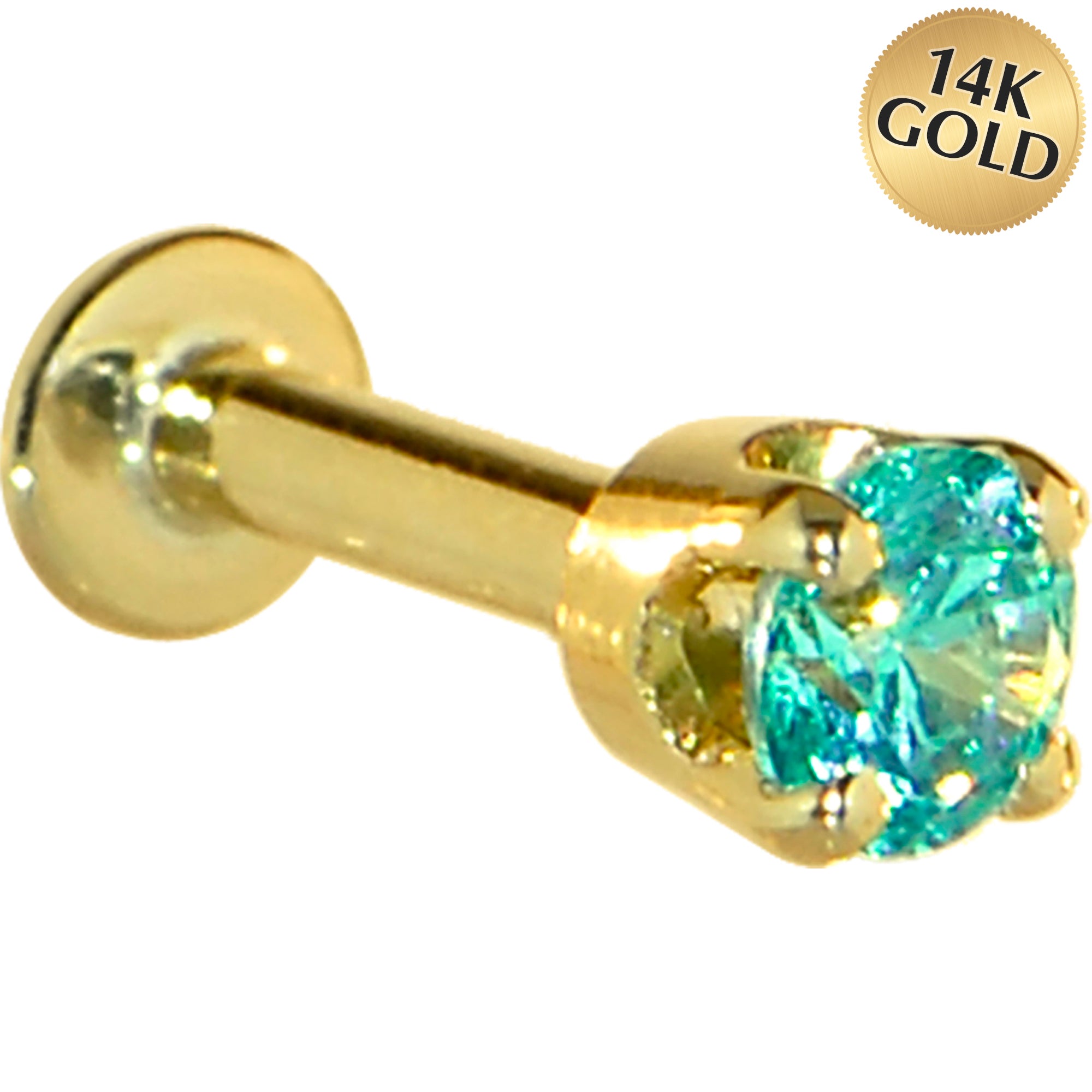 16 Gauge Solid 14KT Yellow Gold 3mm Mint Green Cubic Zirconia Tragus Earring Stud