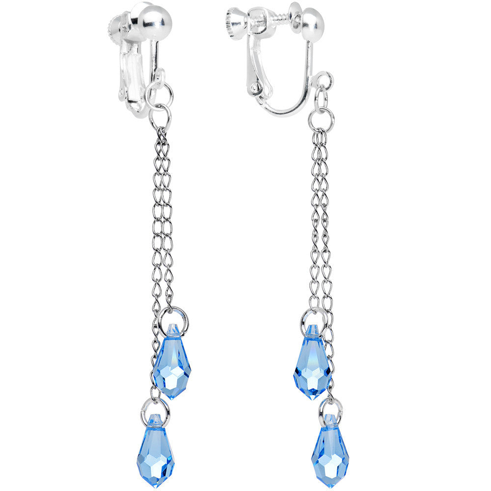Aqua Droplet Chain Clip Earrings Created with Crystals