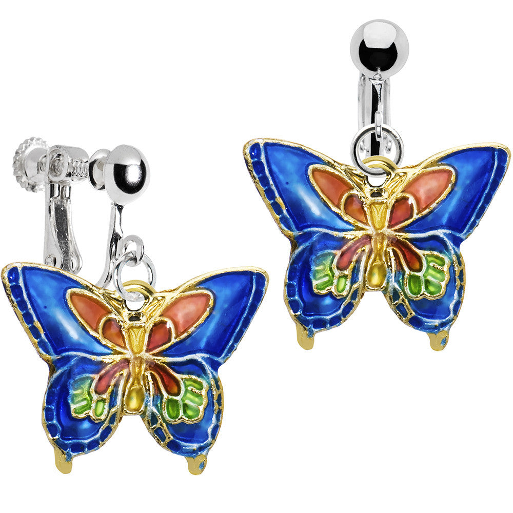 Handcrafted Blue Cloisonne Butterfly Clip Earrings