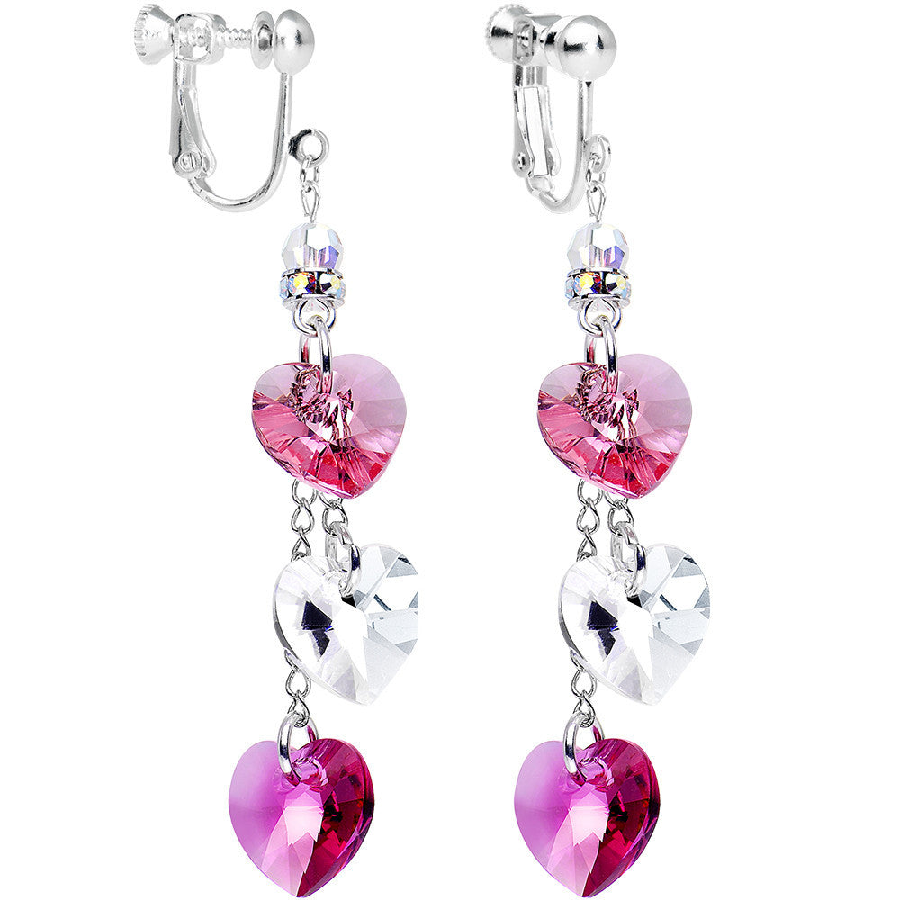 Rose Heart Drop Chain Clip Earrings Created with Crystals